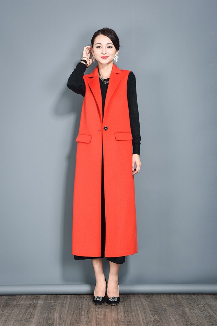 Herfst Lange Vest Slanke Orange Rode Plus Size Lange Wollen Vesten Mouwloze Jas Womens Wol Vesten Winter Bovenkleding Vest Vrouwen