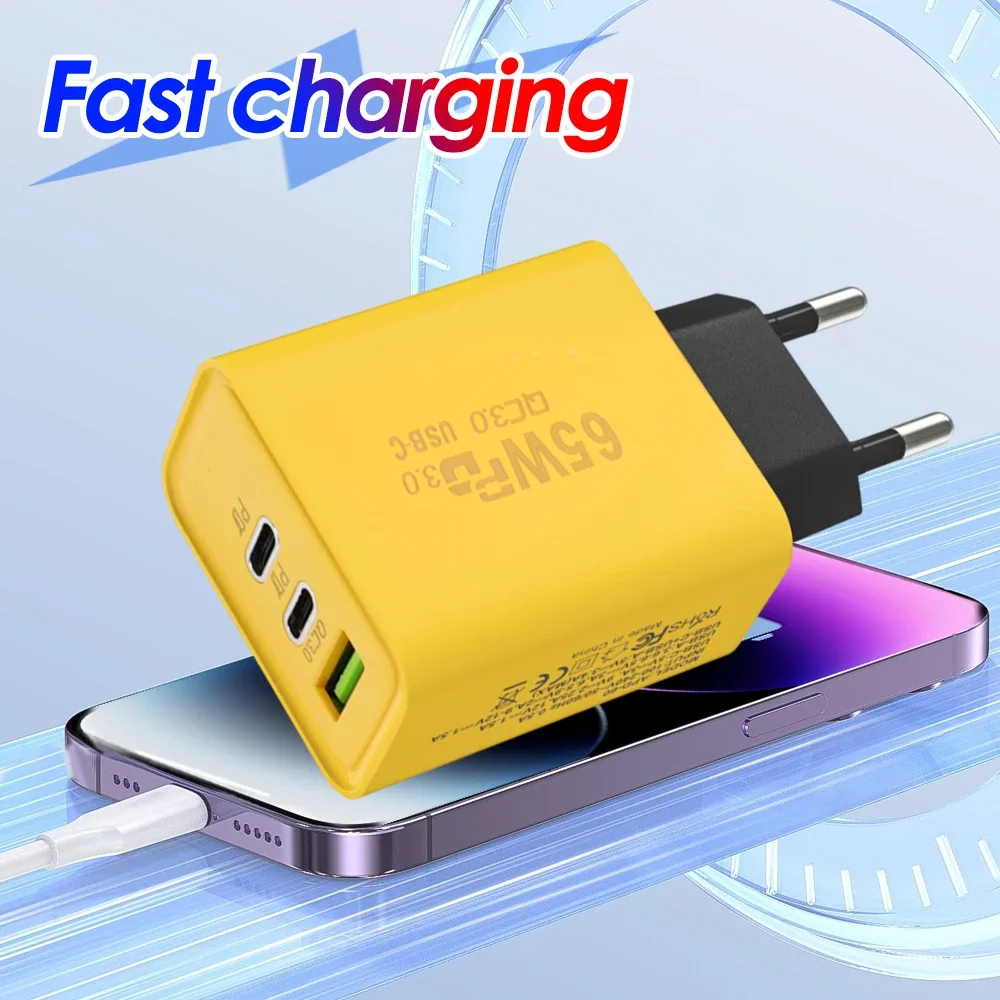 65 W 3 Poorten GaN USB PD Mobiele Telefoon Opladers USB C Naar Type C Hoge snelheid Opladen Datakabel Koord QC3.0 Mobiele Telefoon Muur Adapter