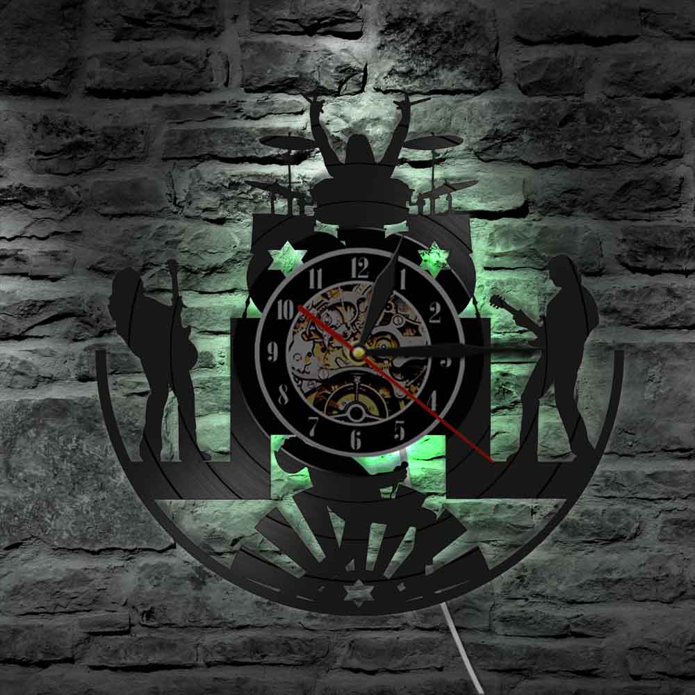 Rock Band Music Group Wall Clock Modern LED Night Light Rock Band Drummer Guitarist Vinyl Record Wall Clock reloj pared