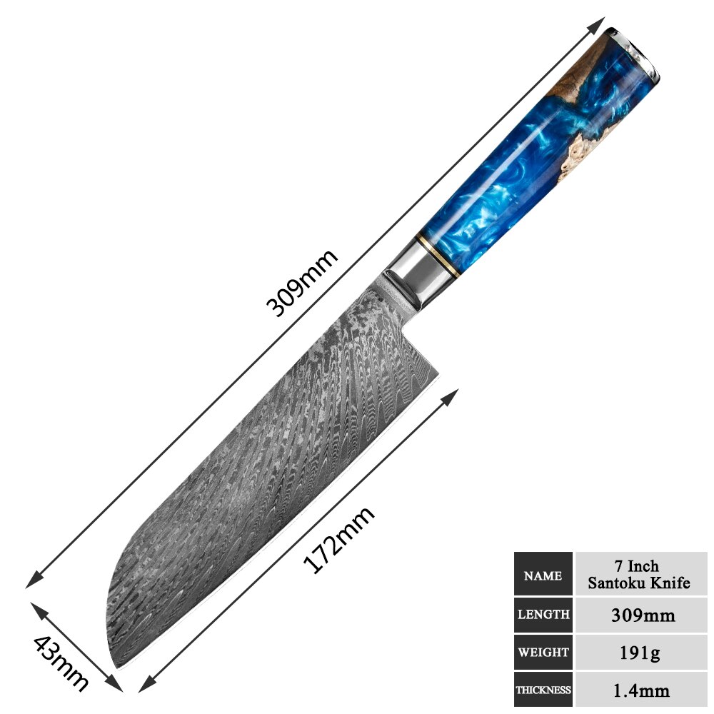 Damascus Steel Butcher Kitchen Chef Knives Set Chopper Meat Chopping Knife Resin Color Wood Handle Cutter Chopper Slicing Tools: 7 inch santoku