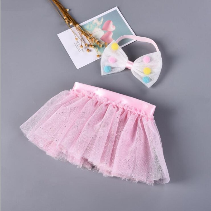 0-2t rosa brilho tutu saia crianças vestir menina nova primavera e verão tutu saia com pompom arco tutu bandana