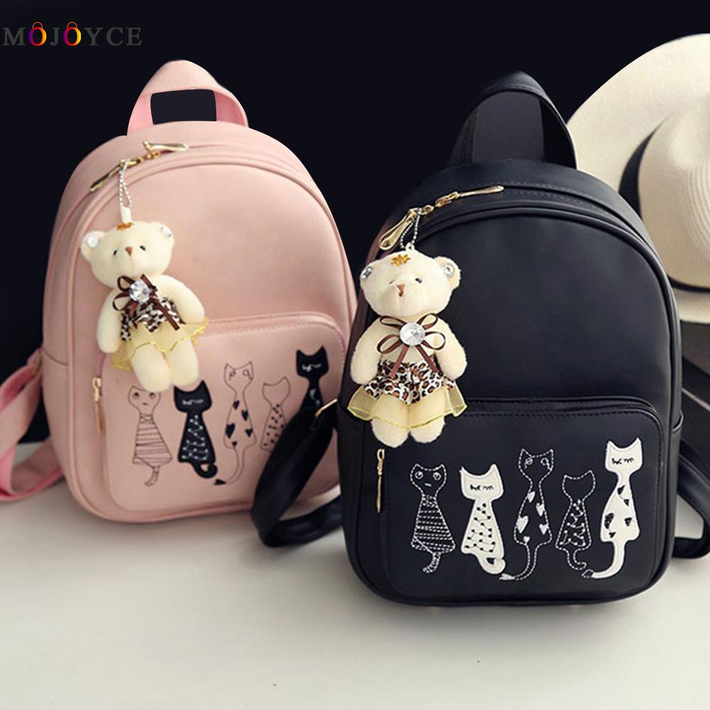 4Pcs/Set Small Backpacks female School Bags For Teenage Girls Black Pink PU Leather Women Backpack Shoulder Bag Purse Mochila