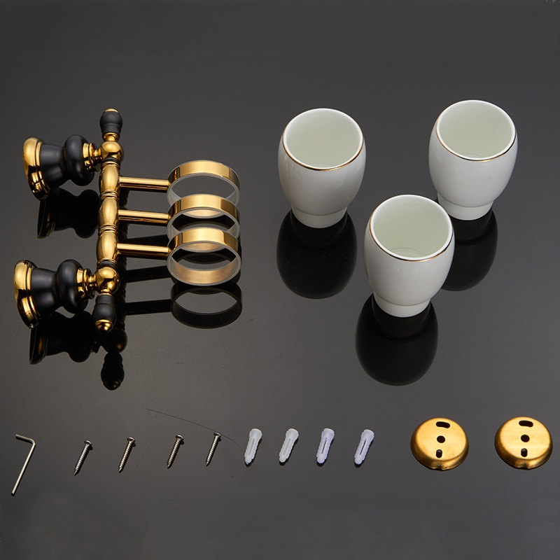 Portavasos de porcelana ajustable para baño, soporte de lujo de oro para tres tazas, para cepillo de dientes, montado en la pared, XL66836
