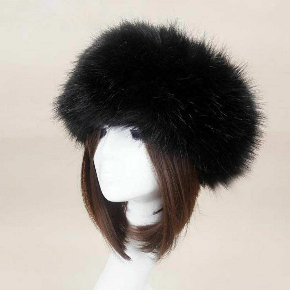 Gorro ruso grueso y esponjoso para mujer, diadema de piel sintética, calentador de oídos para invierno, esquí: Negro