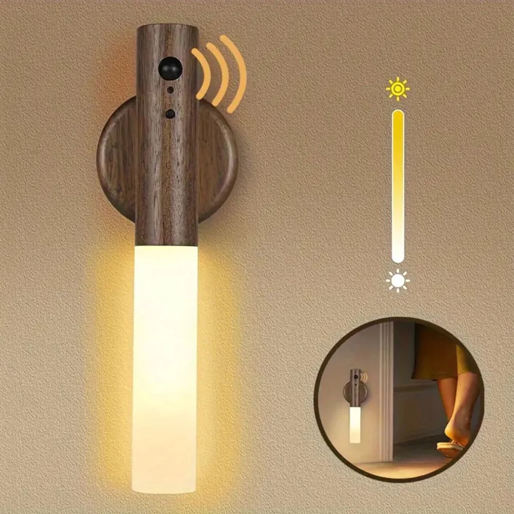 Bevegelsessensor ledet-nattlys oppladbare vegglamper magnetiske vegglamper trevegglampe til soverom trappebordskap