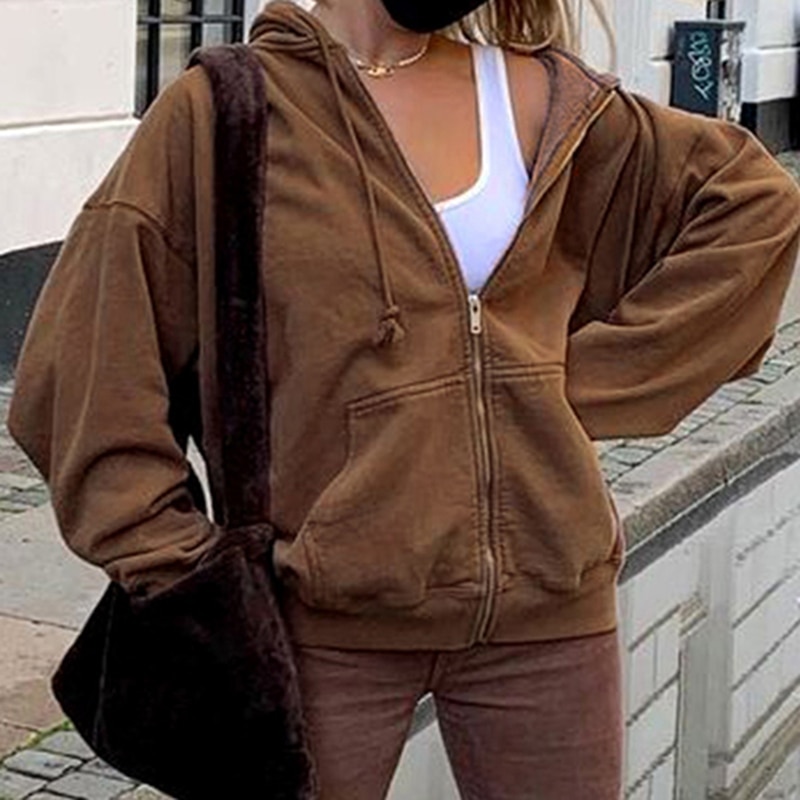 KANCOOL Brown Aesthetic Hoodies Women Vintage Zip Up Sweatshirt Winter Jacket Clothes Pockets Long Sleeve Hooded Pullovers: khaki / L