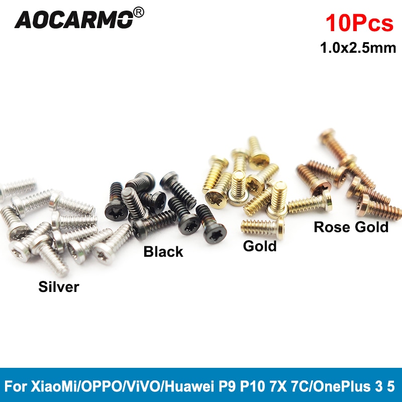 Aocarmo 10 Pz/lotto Fondo Bulloni Viti 1.0x2.5mm per XiaoMi per OPPO per ViVO per Huawei P9/p10/7X/7C per OnePlus 3/5