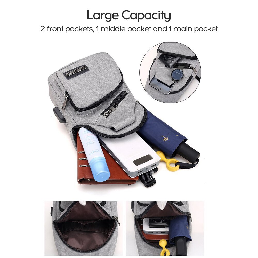 Outdoor Sports Men Chest Bag Large Capacity Waterproof Lightweight Multi Functional Man One Shoulder Bag with USB Interface