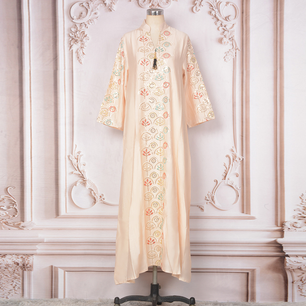 Abaya Marokko Kaftan Stickerei Pailletten Lange Kleid Dubai Abayas Islam Vestidos Eid Muslimische Frauen bescheiden Party Kleider Jalabiya: L / Braun