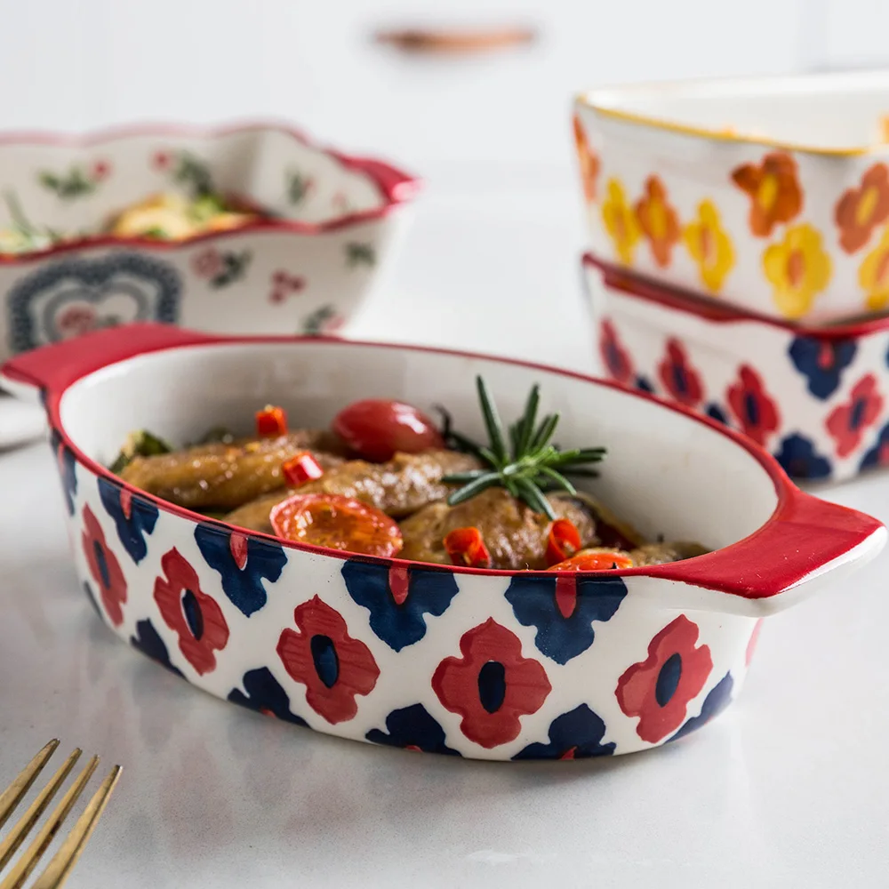 MDZF SWEETHOME Ceramic Baking Dish Roasting Lasagna Pan Rectangular Dish Bakeware Pan With Handle Oven Kitchen Baking Tool