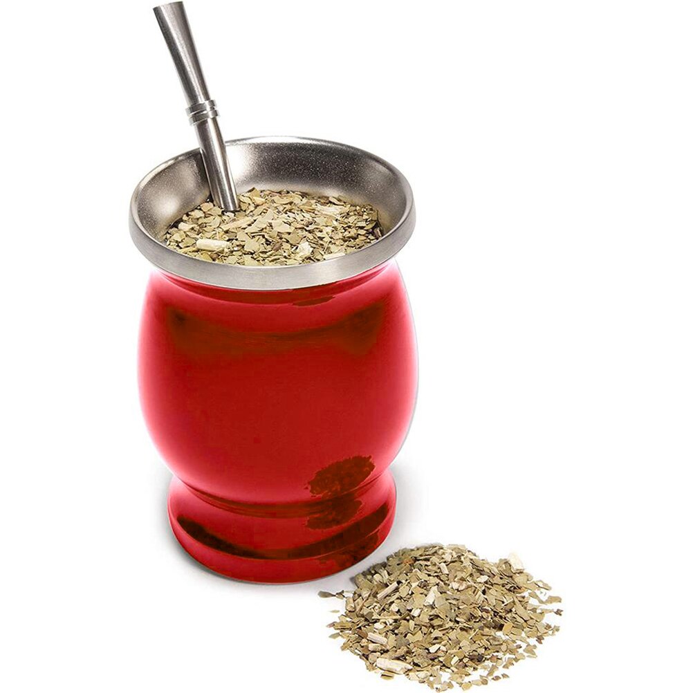 Yerba Mate Kalebas Cup Roestvrij Staal Thee Cup Set Natuurlijke Kalebas Geïsoleerde Beker Eenvoudige Reiniging Dubbelwandige Yerba Mate cup Insulati: Rood