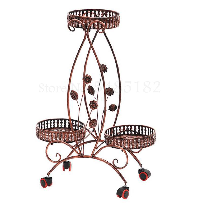 European green multi-layer iron flower stand hanging orchid indoor art wheel stand floor flower pot stand succulent flower
