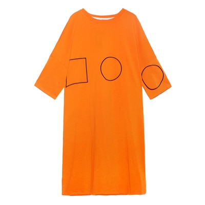 [EAM] vestido largo negro estampado de patrón de talla grande cuello redondo manga larga ajuste suelto Primavera otoño 1Z424: Orange