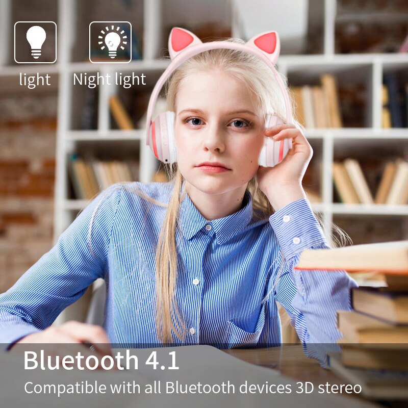 Bluetooth glødende kat øre hovedtelefoner farverigt led lys trådløst stereo headset computertelefon gaming hovedtelefon til kvinder