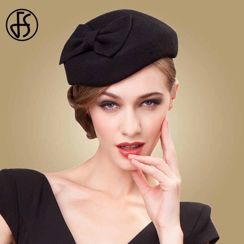 FS 100% Wool Black Pillbox Hats Fascinator For Women Wedding Felt Fedora Hat Derby Tea Party Formal Ladies Church Hats: Black