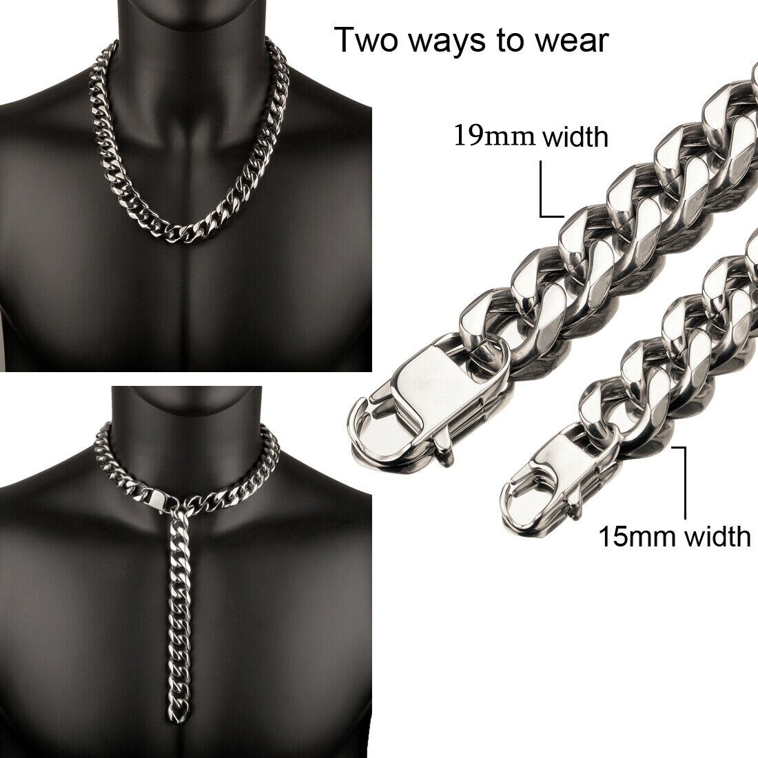 15mm/19mm hip-hop-halsketten aus edelstahl, kubanische gliederketten, rock-schmuck
