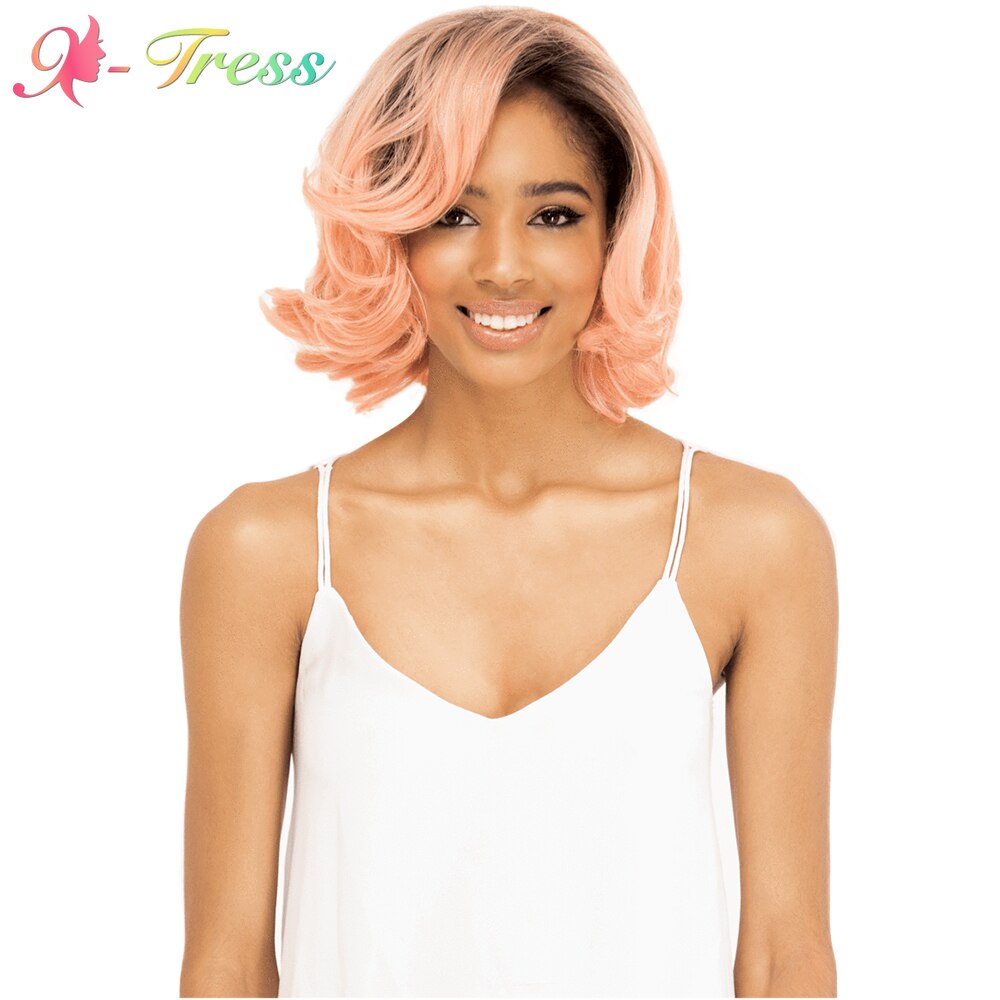 X-tress syntetisk blonde front paryk kort bob bølget paryk til kvinder mørke rødder ombre lyserød farve varmebestandig fiber hår 10 tommer