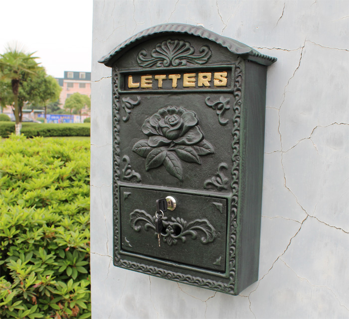 Locking Wall Mounted Mailbox - Bronze Vintage Aluminum with Rose Residential Secure Locking Mail Letter Box: Dark Green
