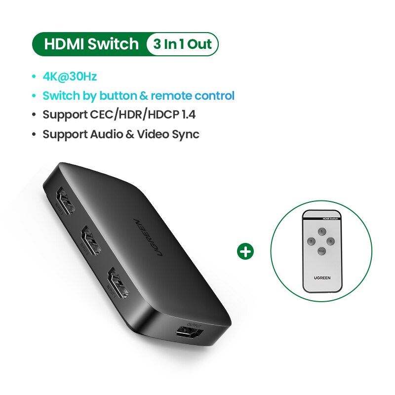 UGREEN 4K HDMI Switch 3 in 1 Out HDMI Switcher Splitter for Xiaomi Mi Box 4k@30Hz for Nintendo Switch PS4 with IR Remote Control: Default Title