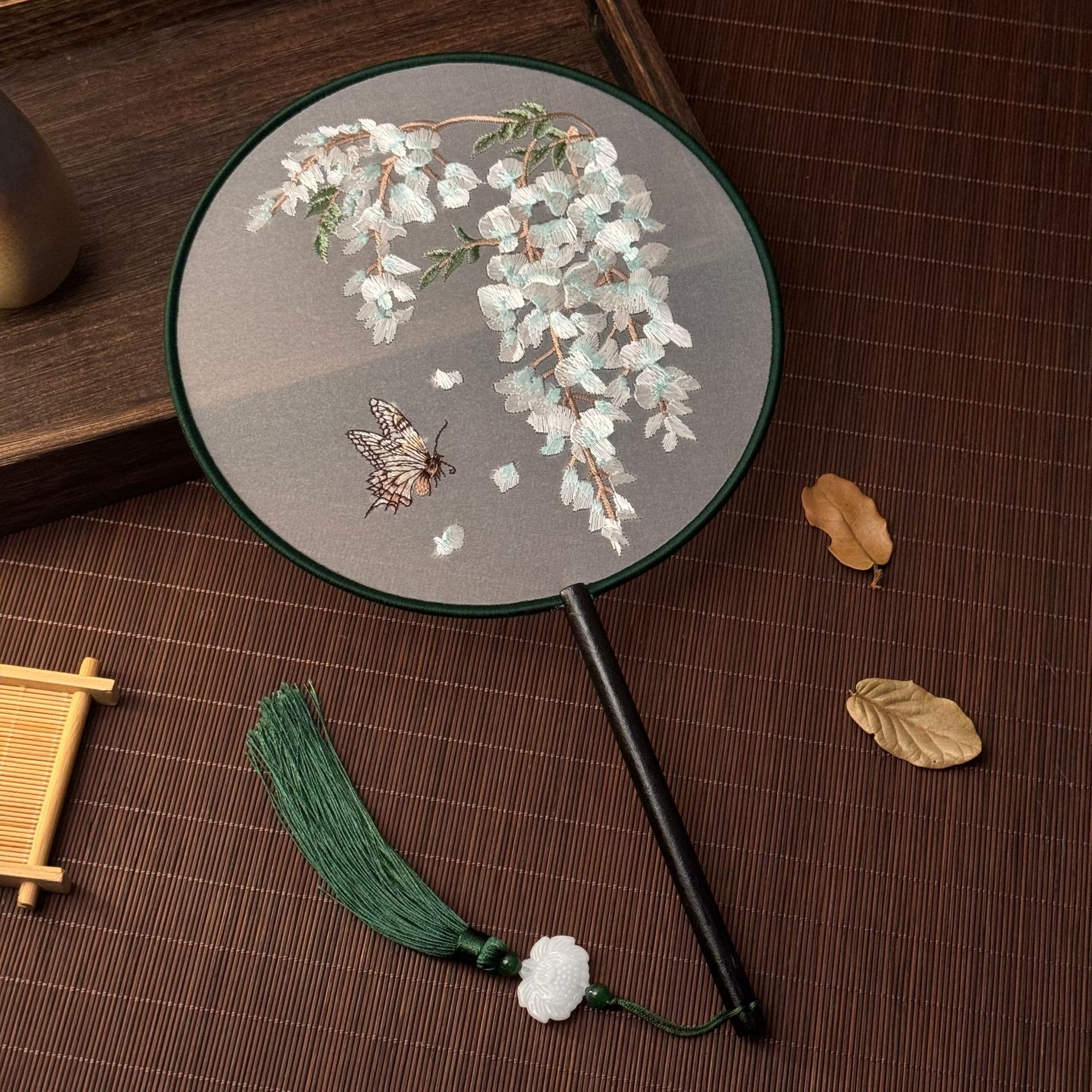 Red Flower Silk Fan Double Sided Embroidery Round Fan Chinese Palace Hanfu Hand Fan Craft Wedding For Guests Home Decor: Dark Khaki