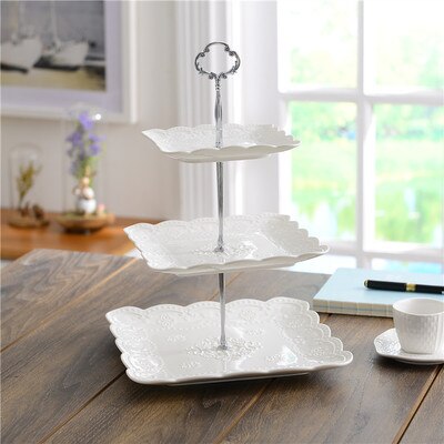 Flerlags engelsk brett keramisk fruktfat firkantet snack fat kakebrett hvit preget godteribrett hylle: 15-20-25.5cm b2