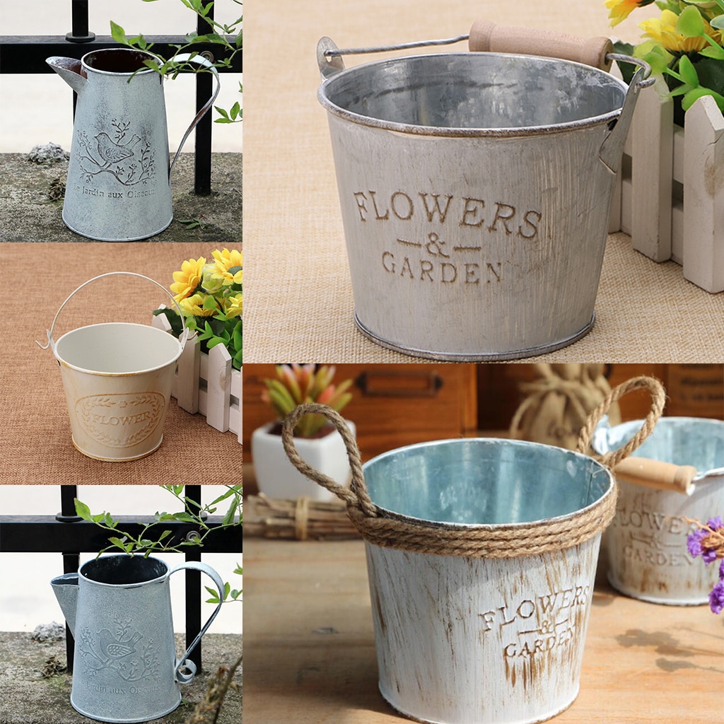 Shabby chic gegalvaniseerd metaal ijzeren bloemenemmers planten plantenbak emmer bloemenvazen thuis balkon bloemendecoratie