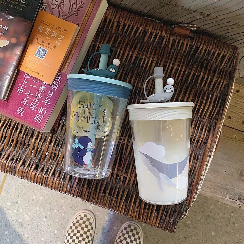 Cartoon Leuke Stro Water Cup Meisje Hart Transparante Eenvoudige Glas Cup Zomer Ins Wind Student Kinderen Bijbehorende Beker