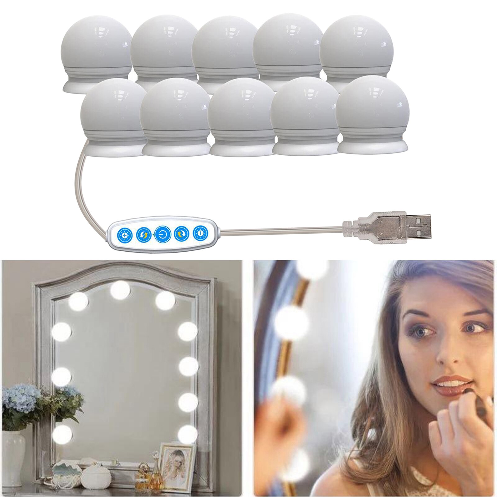Juego de luces de LED para espejo de tocador Hollywood, 10 bombillas regulables para maquillaje