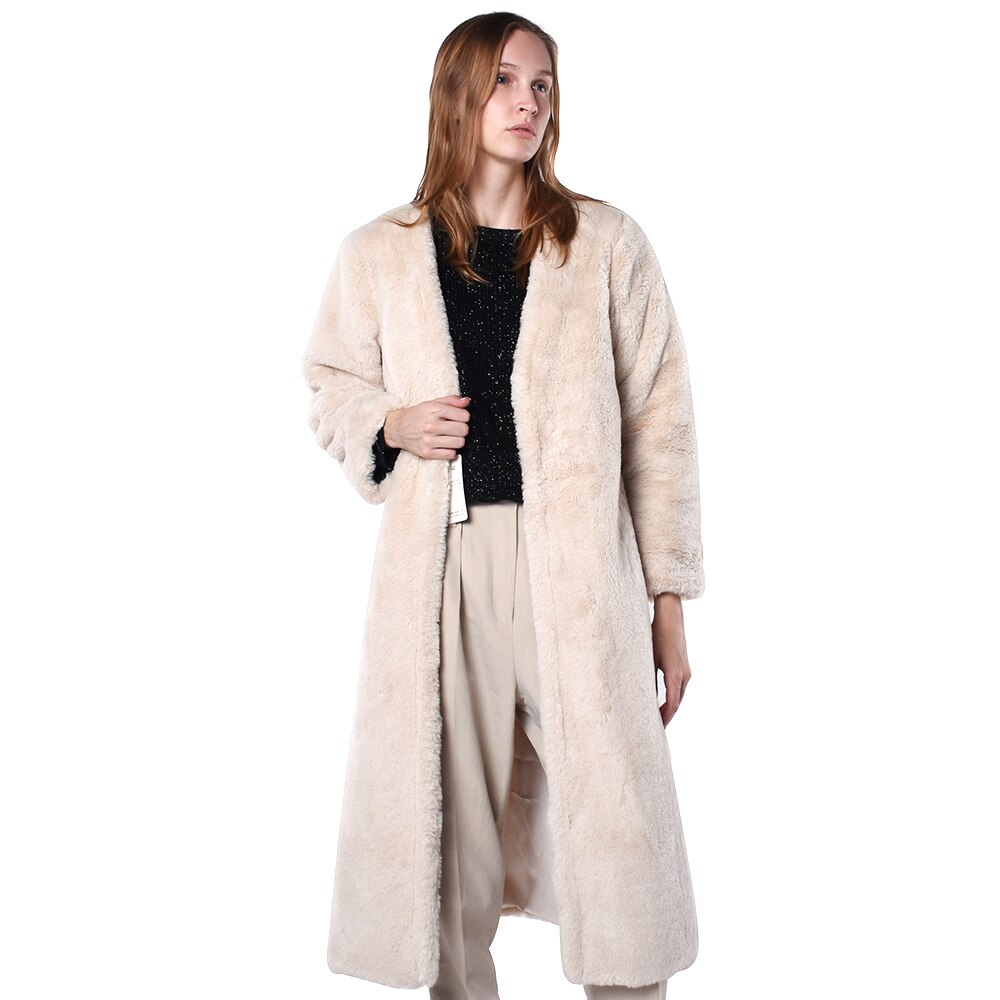 Women Faux Fur Coat With Long Sleeves And Pockets Artificial Ecru White Winter Coat