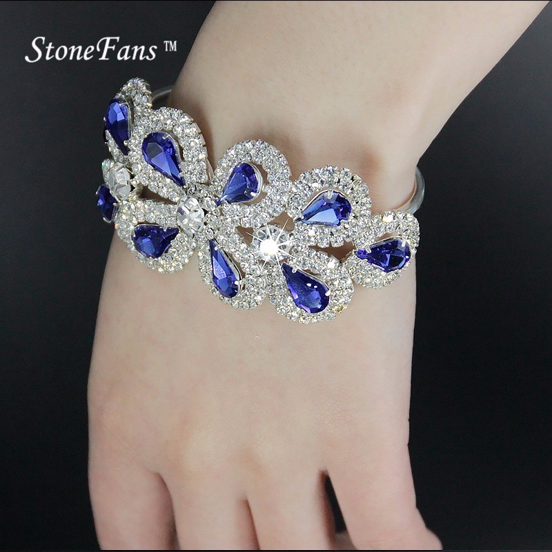 StoneFans Brand Bangles Blue Bangle Bracelet Rhinestone Bangle Bracelets For Womens Ladies Crystal Rhinestone Bangles