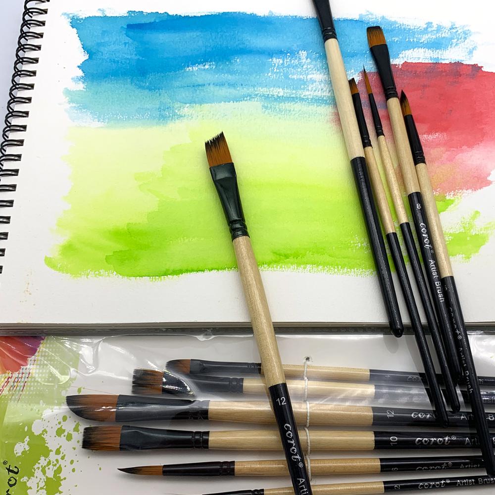 COROT-Juego de pinceles de nailon para pintar, Set de pinceles para pintar con pelo de nailon, diferentes cabezales, varilla corta, pincel acrílico al óleo, suministros de arte para acuarela, 6 uds.