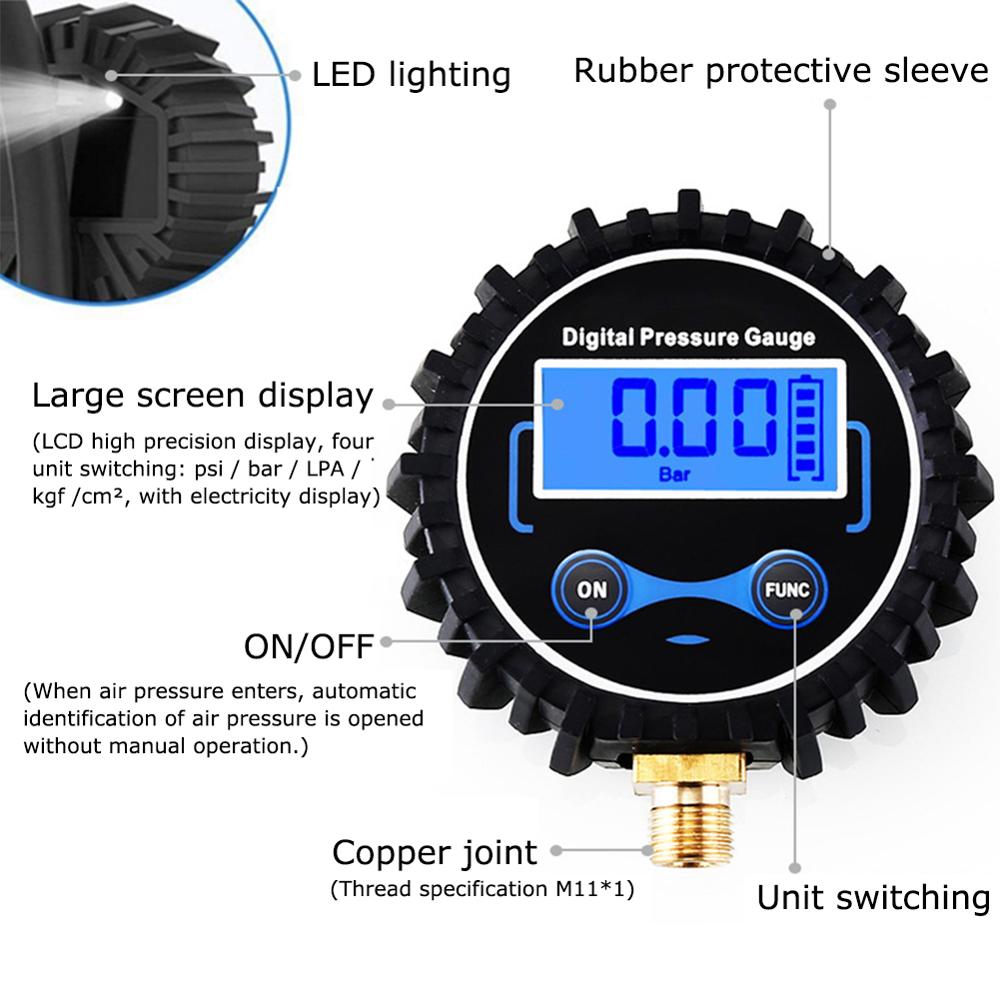 Tire Pressure Monitoring System Digital Tire Pressure Gauge Car Bike Motorcycle Tyre Tester Air PSI Meter 1/8NPT Car Accessories: M11x1 With Light
