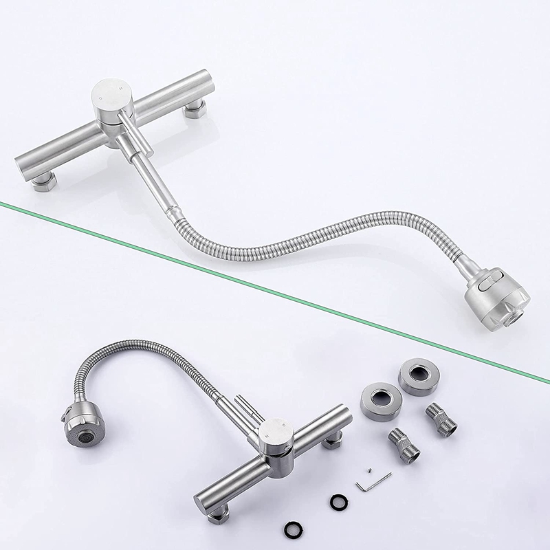 Wall Mount Kitchen Faucet 8 Inch Center ,With Dual Function Flexible Sprayer,Mixer Stainless Steel Constructed Bar Tap