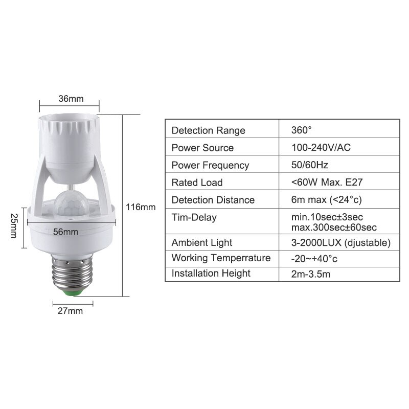 Pir rörelsesensor uttag  e27 omvandlare 100-240v auto smart induktionsbrytare  e27 ampull led lamphållare
