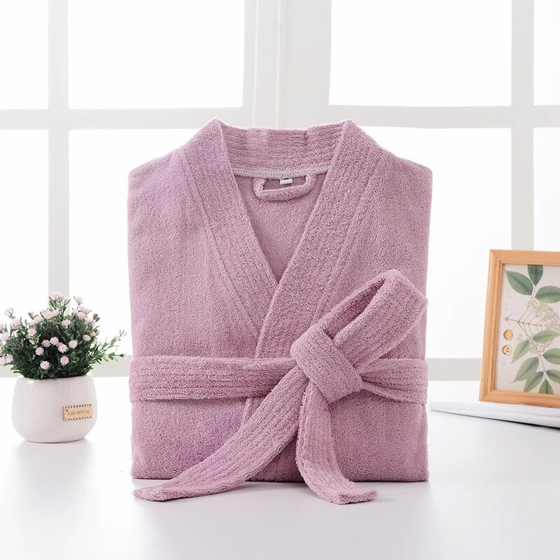 Bata de baño de algodón 100% para hombre, albornoz cálido de longitud gruesa, chal de felpa, Kimono, ropa de casa, bata de manga larga, abrigo, Peignoir: Pink / L(165-178cm)