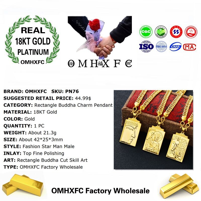 OMHXFC Europese Man Man Party Verjaardag Huwelijkscadeau Rechthoek Boeddha God 18KT Real Gold Charm Hanger PN76