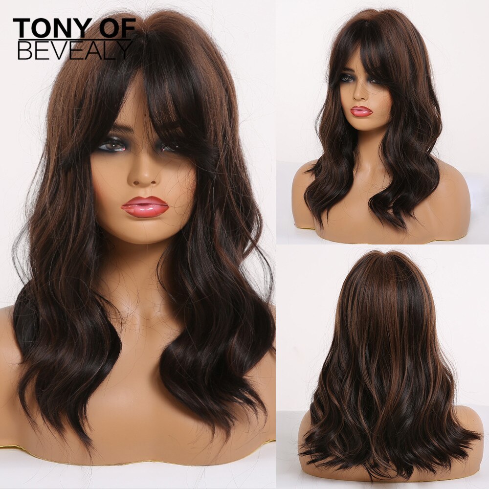 Medium Length Synthetic Wigs for Women Brown Wavy Natural Hair Wigs With Bangs Cute Cosplay Party Wigs Heat Resistant Fiber: lc250-2