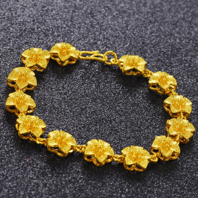 24k Vietnam Alluvial Gold Hand Chain for Women Brass Rose Flower Chain Charm Bracelets Bangle Jewelry