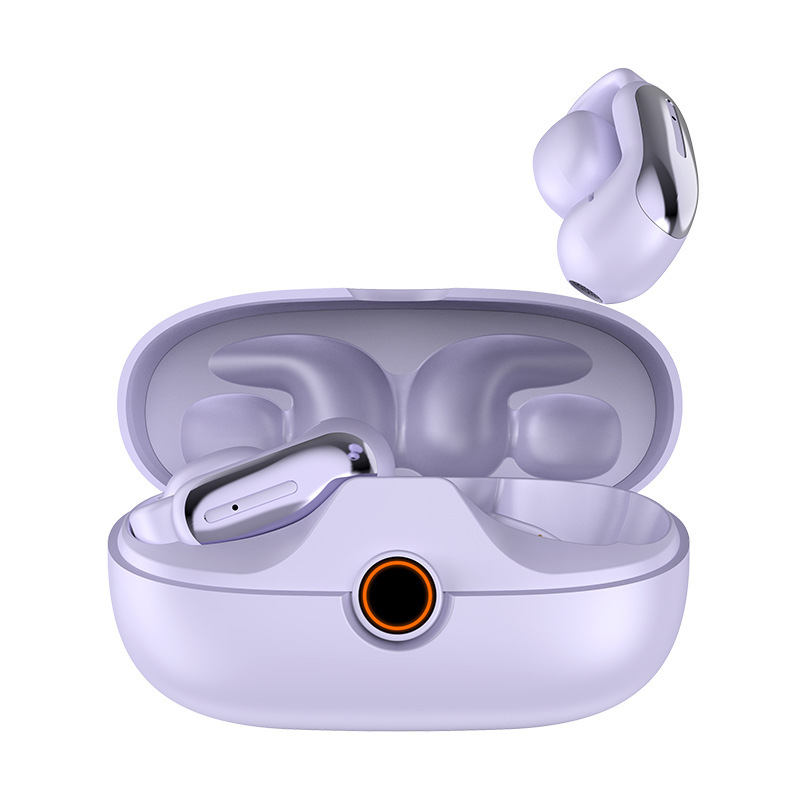 Auricular abierto con Bluetooth, estilo con Clip para la oreja, cómodo de llevar, conexión de oreja individual o doble, batería de larga duración, peso ligero: Morado