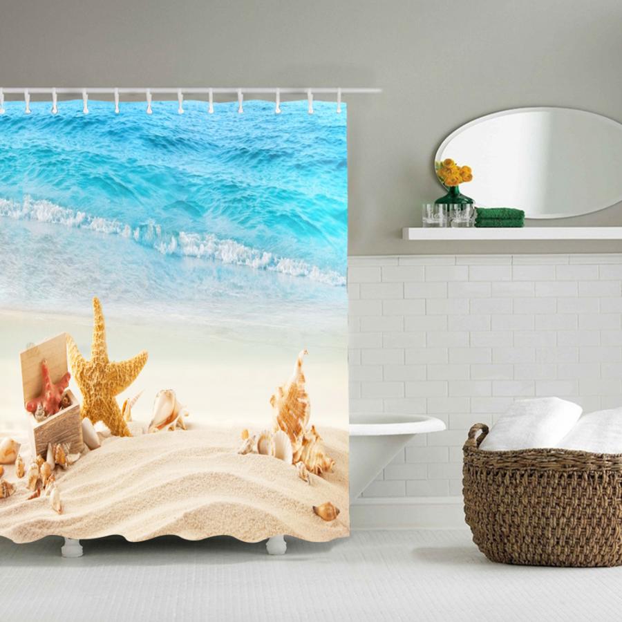Mooie Strand Landschap Douchegordijn Waterdicht Meeldauw Badkamer Gordijn Proof Print Bad Gordijn Met Haken