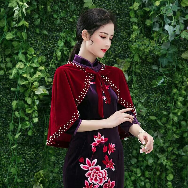 Capa de terciopelo para vestido de madre, chal negro para boda, con perlas