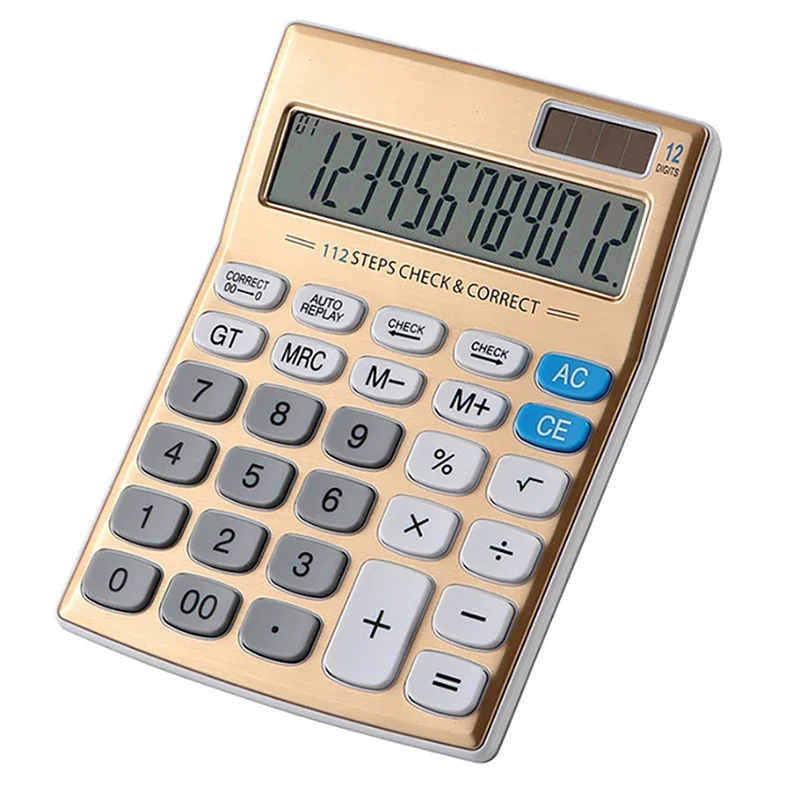 Gold 12 Digits Solar Calculator Dual Power Supply Office Commercial Electronic Calculator Student Exam Calculator Stationery
