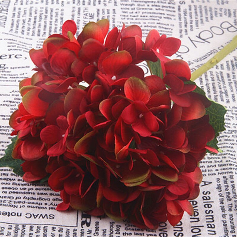 Kunstige hortensia blomster enkelt bryllup hortensia kunstige blomster silke blomst buer jul hjem dekorative blomster: Rød