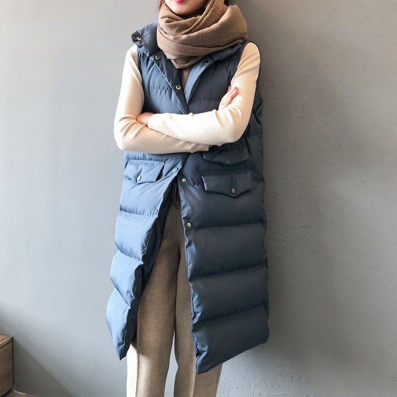 Höst vinter bomullsväst dam dam fritidsväst kvinnlig ärmlös lång väst jacka slim fit varm pufferrock