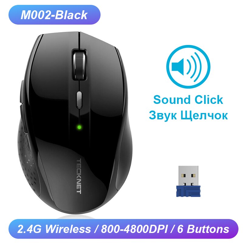 TeckNet Computer Wireless Gaming Mouse 6 Buttons 2400 DPI Mause 2.4G Receiver USB Optical Ergonomic Mouse Gamer Wireless For Lap: M002 Black