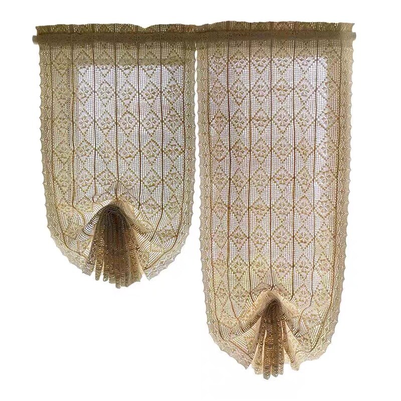 Rideau ballon crocheté en fil de coton beige fait main de style américain, rideau décoratif pour chambre à coucher/salon