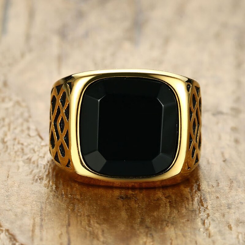 Mannen Vierkante Zwarte Carneool Halfedelsteen Signet Ring In Gold Tone Roestvrij Staal Voor Mannelijke Sieraden Anillos Accessoires