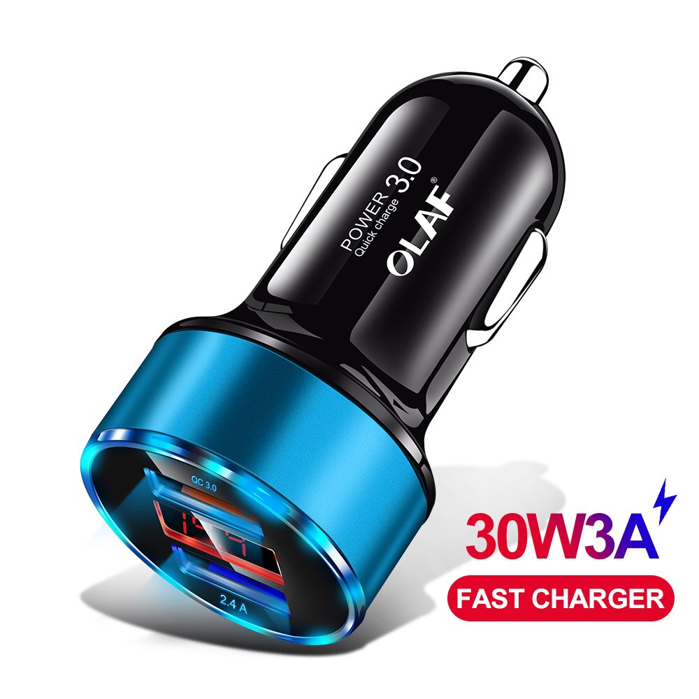 OLAF 30W QC 3,0 Schnelle USB Auto Ladegerät Für iPhone X 8 7 Samsung S10 Xiaomi schnell aufladen 3,0 5V 3A Dual USB LED Anzeige Auto Ladegerät: QC 3.0 Blau