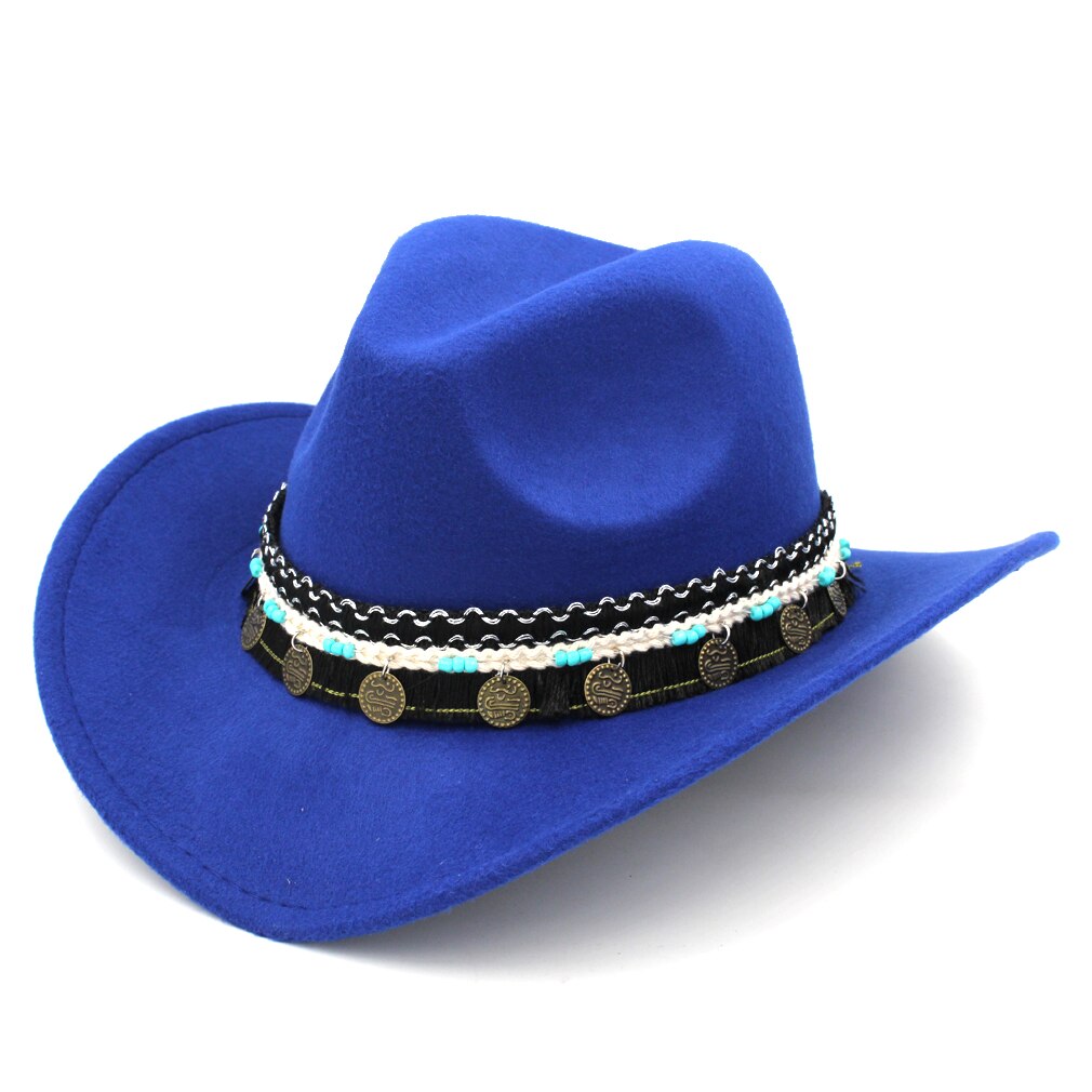 Mistdawn mænd kvinder uld bred skygge western cowboy hat cowgirl kostume kasket størrelse 56-58cm bbc: Blå