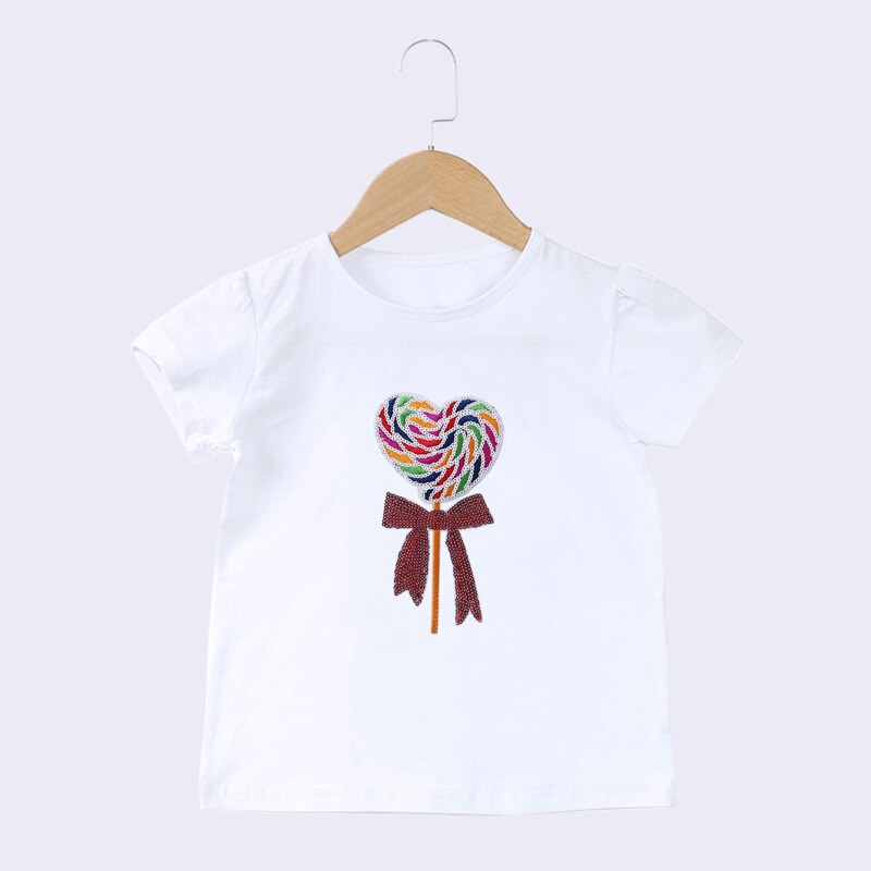 Baby Meisjes T Shirts Zomer Tops Katoen Cartoon Pailletten Shorts Mouwen T-shirts Casual Kids Wit Tee: Lollipop / 10